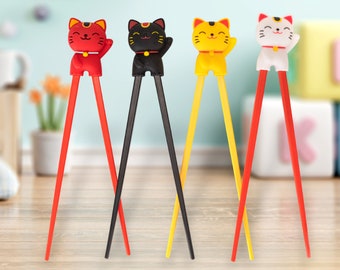 Lucky Cat Maneki Neko Training Chopsticks With Silicone Topper Reusable Beginner Chopsticks Helper For Adults or Children 4 Color Pack