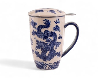 Tea Time Ceramic Tea Cup with Infuser and Lid 15 fl oz Stainless Steel Infuser Mug for Loose Leaf Tea Handpainted Dragon Design