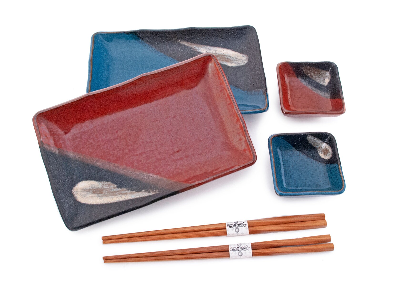 Japanese 6 Piece Blue Red Sushi Dinnerware Set Rectangular Etsy