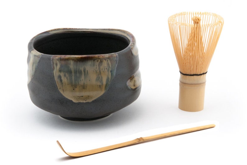 Handcrafted Porcelain Matcha Set Brown Chawan Green Tea Bowl Matcha Whisk and Spoon