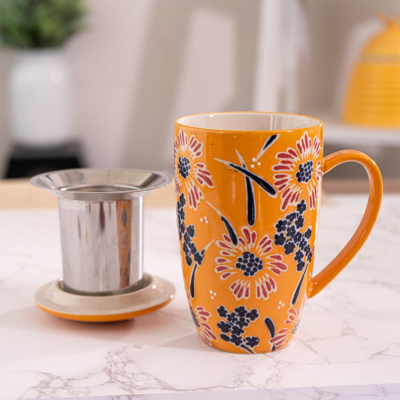 Tea Time Ceramic Tea Cup with Infuser and Lid 15 fl oz Stainless Steel Infuser Mug for Loose Leaf Tea Handpainted Floral Design zdjęcie 4