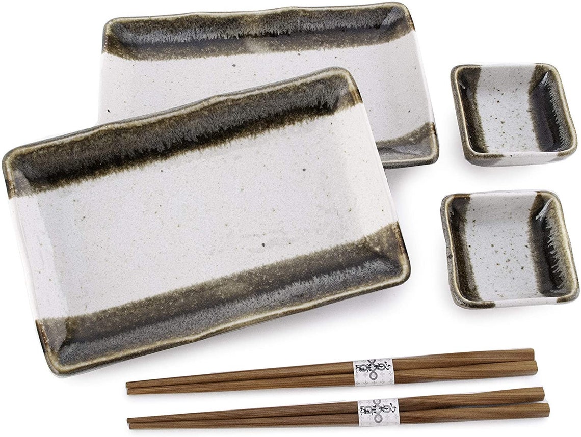 Japanese 6 Piece Beige Brown Sushi Dinnerware Set Rectangular Etsy