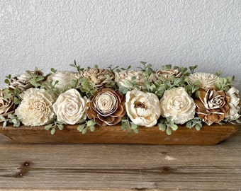 Farmhouse wooden flower centerpiece, arrangement, fireplace  mantle, sola flowers, dough bowl, boxwood, wedding bouquet, housewarming