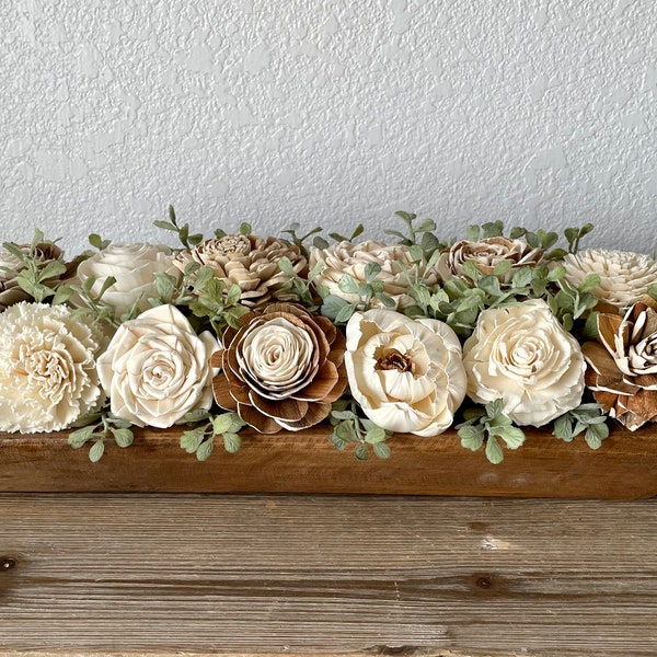 Farmhouse wooden flower centerpiece, arrangement, fireplace  mantle, sola flowers, dough bowl, boxwood, wedding bouquet, housewarming