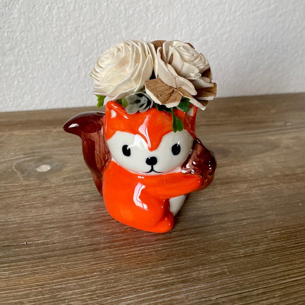 Squirrel ceramic pot sola wood flower arrangement, faux floral, centerpiece, Forrest critter, cute animal planter, rustic