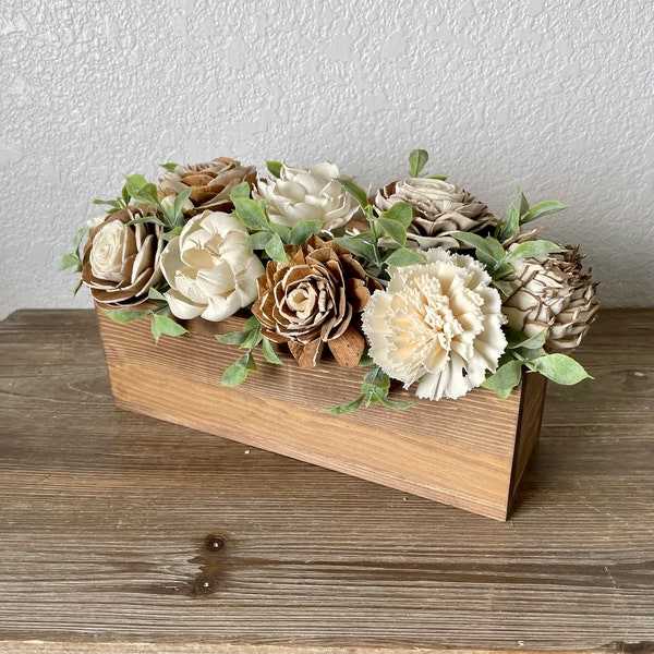 Sola Wood Flowers, wooden flower centerpiece, bouquet, wedding arrangement, head table, fireplace mantle, farmhouse