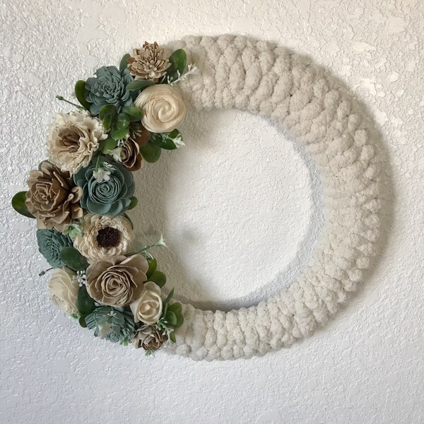 14” wreath, hand woven, wood flowers, eco, sola, spring decor, wedding decor, front door, bouquet
