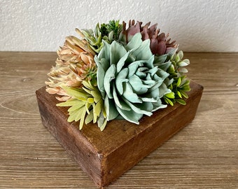 Cheese mold centerpiece, Sola wood flower arrangement, rustic, dough board, fireplace mantle decor, wedding, bouquet, succulents