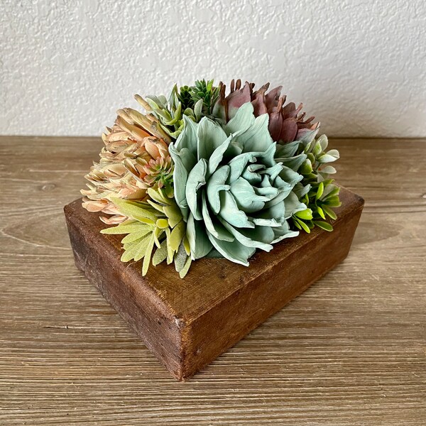 Cheese mold centerpiece, Sola wood flower arrangement, rustic, dough board, fireplace mantle decor, wedding, bouquet, succulents