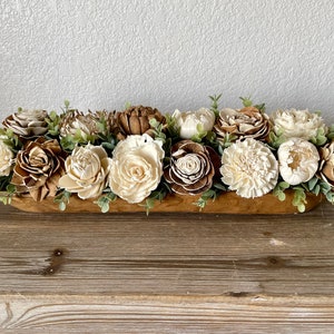 Farmhouse wooden flower centerpiece, arrangement, fireplace  mantle, sola flowers, dough bowl, eucalyptus, wedding bouquet, housewarming