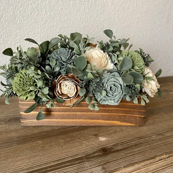 Sola Wood Flowers, wooden flower centerpiece, bouquet, wedding arrangement, head table, fireplace mantle, succulent, farmhouse