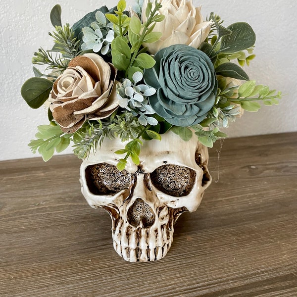 Stunning Sola wood flower arrangement, skull planter with faux flowers, day of the dead decor