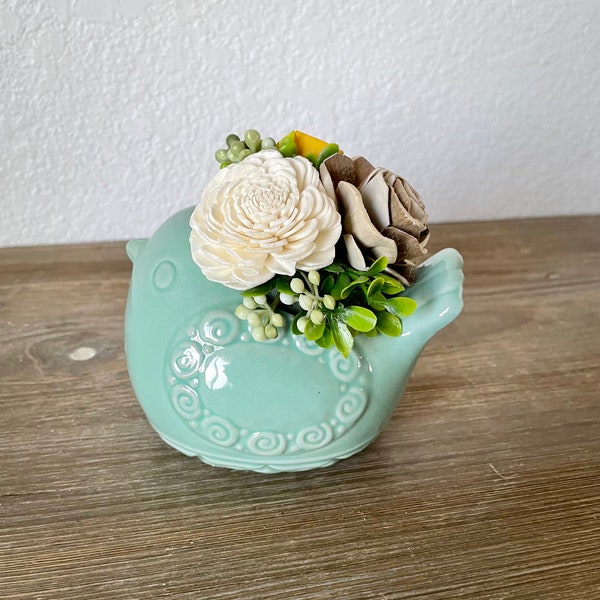 Spring wooden flower centerpiece, Sola wood flowers arrangement,  wildflower, Mother’s Day bouquet, bird planter, faux floral