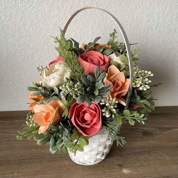 Spring wooden flower centerpiece, Sola wood flowers arrangement,  wedding head table, wildflower, Mother’s Day bouquet, wicker basket