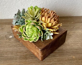 Cheese mold centerpiece, Sola wood flower arrangement, rustic, dough board, fireplace mantle decor, wedding, bouquet, succulents