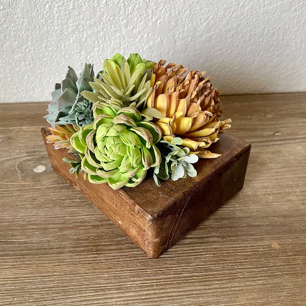 Cheese mold centerpiece, Sola wood flower arrangement, rustic, dough board, fireplace mantle decor, wedding, bouquet, succulents