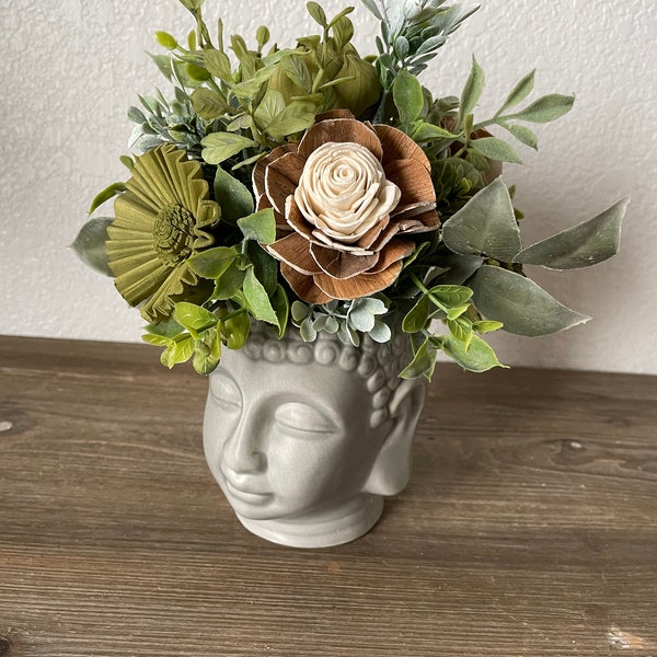 Sola wood flower arrangement, Buddha head planter, peace, tranquility, succulent centerpiece