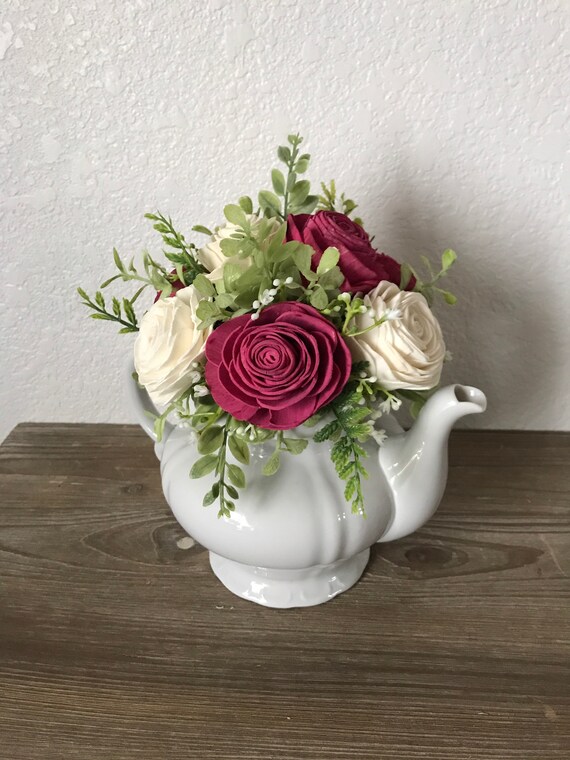 White Ceramic Victorian Teapot Wooden Flower Centerpiece Tea Etsy