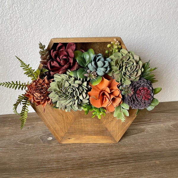 Sola wood flower centerpiece, stand up arrangement, wooden wall decor, faux floral, succulents, hexagon planter box