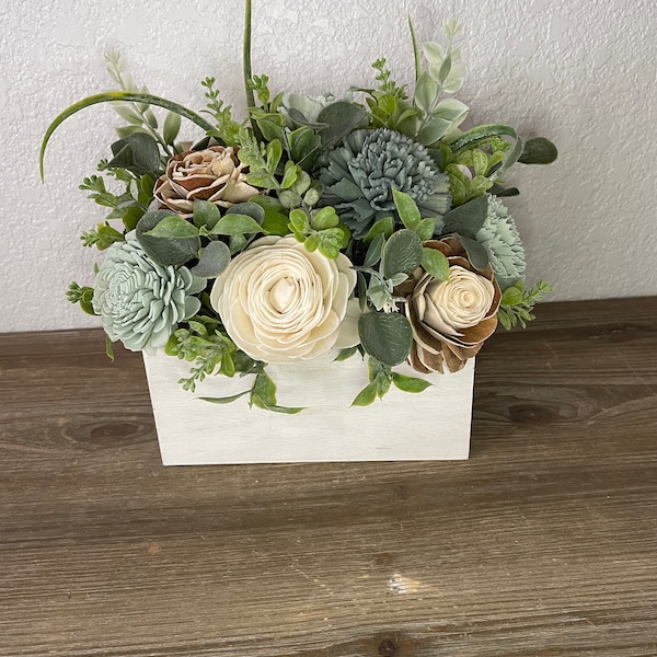 Table top wedding centerpiece, Sola wood flower arrangement, Valentines bouquet, faux floral, recipe box, farmhouse