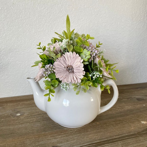 Summer wooden flower centerpiece, Sola wood flowers arrangement,  wedding head table, purple daisies, Mother’s Day, vase, teapot