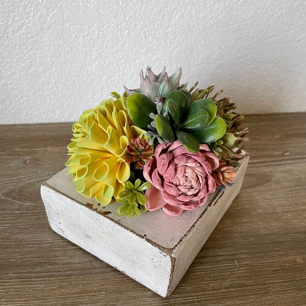 Cheese mold centerpiece, Sola wood flower arrangement, rustic, dough board, fireplace mantle decor, wedding, bouquet, succulents