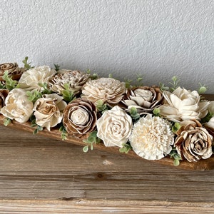 Farmhouse wooden flower centerpiece, arrangement, fireplace  mantle, sola flowers, dough bowl, eucalyptus, wedding bouquet, housewarming