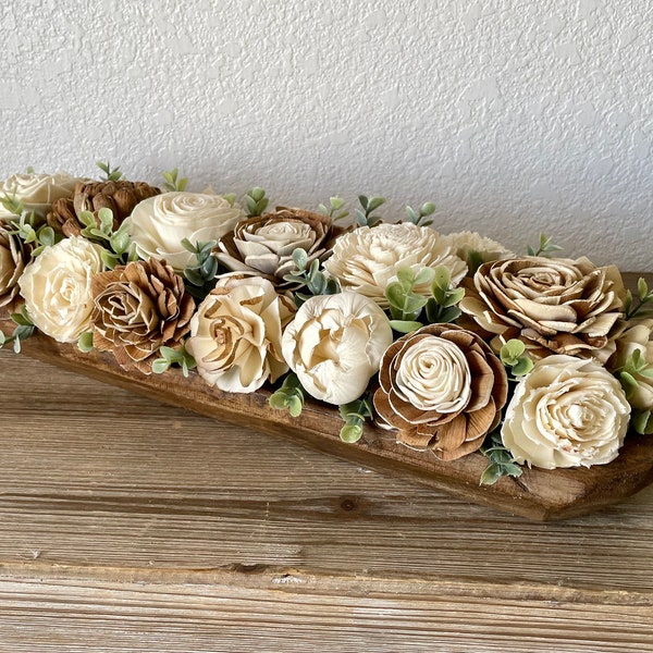 Farmhouse wooden flower centerpiece, arrangement, fireplace  mantle, sola flowers, dough bowl, eucalyptus, wedding bouquet, housewarming