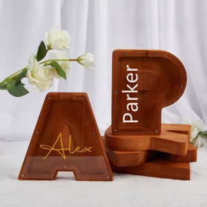 Alcancía inicial personalizada, alcancía con letras personalizadas, alcancía con nombre de madera, regalo de baby shower, regalo de cumpleaños de madera para niños, decoración de guardería