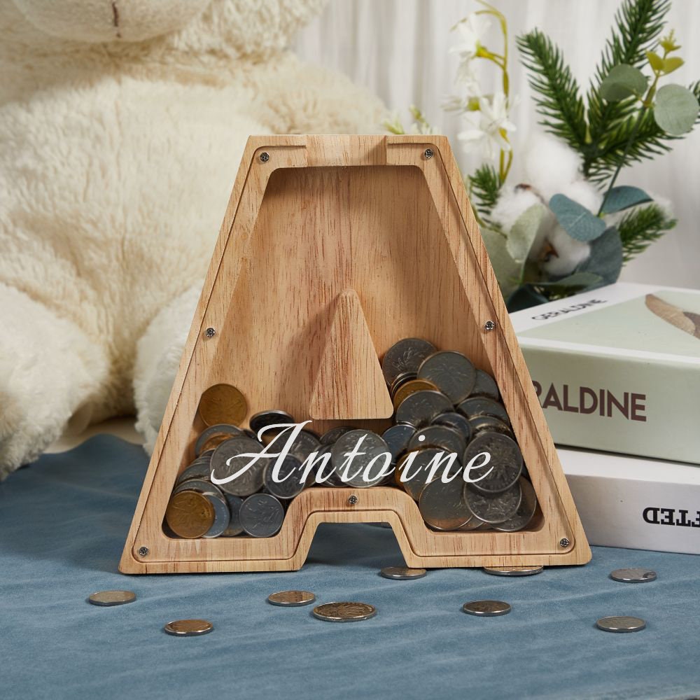 Personalized Wooden Letter Piggy Bank, Custom Initial Money Box for Kids, Alphabet Piggy Bank