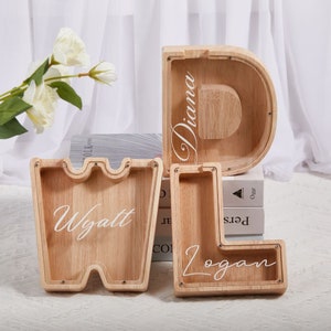 Alcancía de letras de madera personalizada, caja de dinero inicial personalizada para niños, alcancía del alfabeto con pegatinas de nombre, caja de dinero, regalo para niños