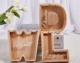 Alcancía de letras de madera personalizada, caja de dinero inicial personalizada para niños, alcancía del alfabeto con pegatinas de nombre, caja de dinero, regalo para niños