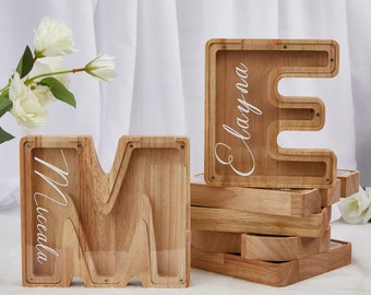 Alcancía de letras de madera personalizada, caja de dinero inicial personalizada para niños, alcancía del alfabeto con pegatinas de nombre, caja de dinero, regalo para niños