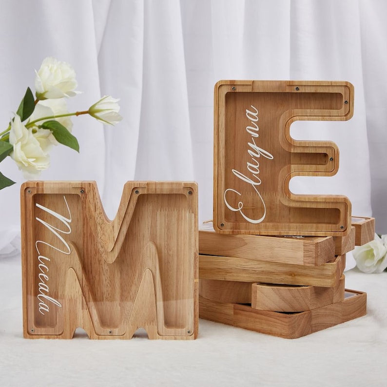 Personalized Wooden Letter Piggy Bank, Custom Initial Money Box for Kids, Alphabet Piggy Bank With Name Stickers, Money Box, Gift For Child image 1