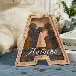 Alcancía de letras de madera personalizada, caja de dinero inicial personalizada para niños, alcancía del alfabeto con pegatinas de nombre, regalo para niños, caja de dinero