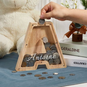 Alcancía inicial personalizada, alcancía con letras personalizadas, alcancía con nombre de madera, regalo de cumpleaños de madera para niños, decoración de guardería, regalo de baby shower