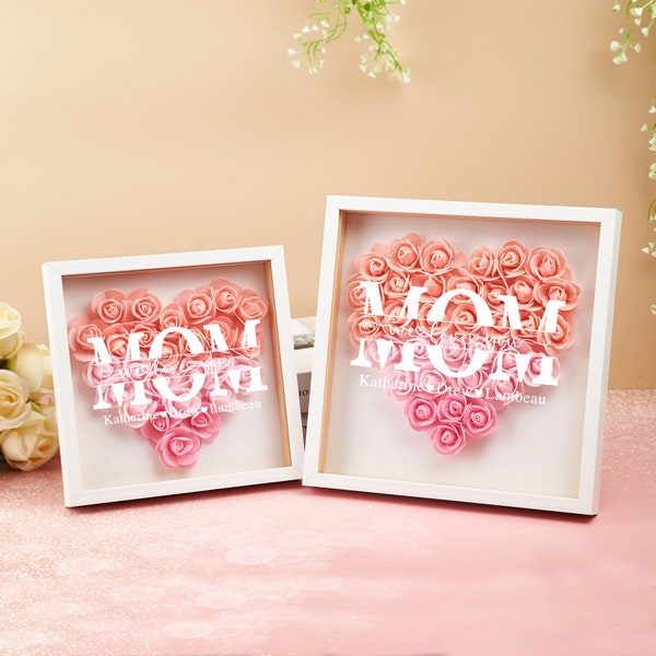 Gepersonaliseerde Flower Heart Shadow Box voor moeder, Custom Frame Cadeau voor Moederdag, Cadeau voor moeder en oma Nana, Rozen Shadowbox met namen