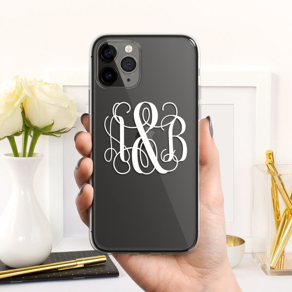 Monogram Case for iPhone 15 14 13 12 11 Pro Max mini XR XS X 10 8 Plus 7 6s 6 SE Personalize Custom Initials Clear Transparent Soft Cover