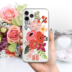 Case for iPhone 15 14 13 12 11 Pro Max mini XR XS X 10 8 Plus 7 6s SE Floral Monogram Personalize Custom Clear Transparent Soft Phone Cover