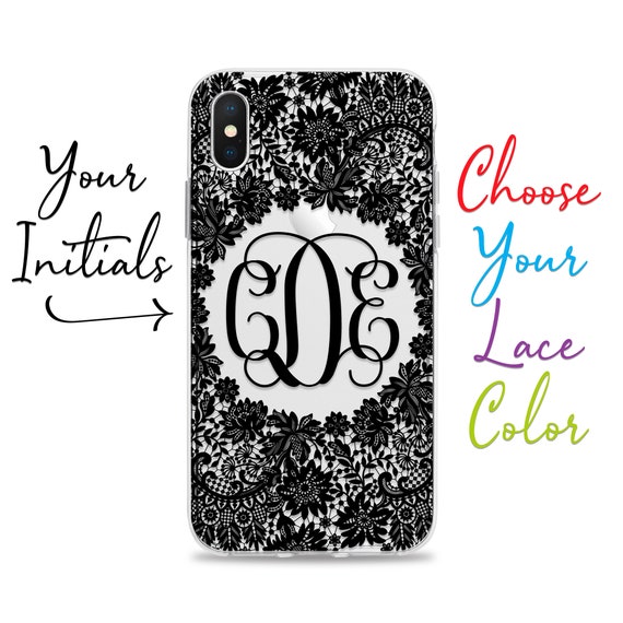 Clear Phone Case with Lace Print and Custom Monogram for iPhone XS Max XR X 10S 10R 10 8 Plus 7 6s 6 SE 5s 5 Personalized 