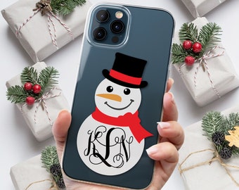 Christmas Case for iPhone 15 Pro Max 14 13 mini 12 11 XS XR X SE 8 Plus 7 6s 6 Monogram Custom Snowman Clear with Design Tpu