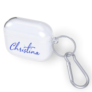 Personalized Case for AirPods 4 3 Pro 2 - Clear Cover Printed with Custom Name or Text - Includes Alligator Clip Carabiner Keychain