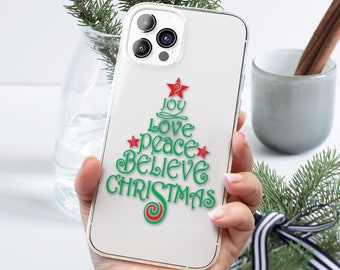 Christmas Tree Phone Case for iPhone 15 Pro Max 14 Plus 13 mini 12 11 XS XR X 10s 10r 10 8 7 6s SE Clear Phone Cover Xmas Believe Joy Peace