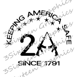 Pode incluir: Design gráfico preto e branco com o texto "KEEPING AMERICA SAFE SINCE 1791" e o número "2A" com duas armas cruzadas.