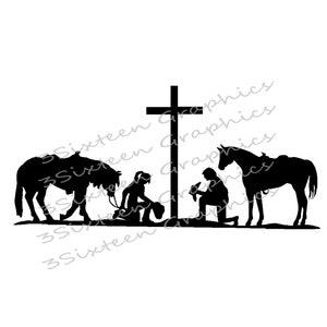 Cowhands praying at cross. horses. cowboy. cowgirl digital download. svg. png. pdf. jpg. for Crikut, vinyl cutter, prints, posters. Jesus