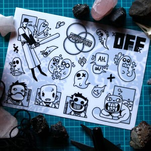 May include: A sheet of stickers with black and white cartoon illustrations of ghosts, a baseball player, and other spooky characters. The word "PURIFIED" is in a circle, and the word "OFF" is in bold letters. Halloween-themed.