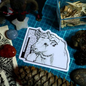 May include: A collection of objects on a blue grid surface. Includes a black and white sticker of a bull, a drawing of a bird, a red stone, a blue stone, a pine cone, and other small rocks and objects.