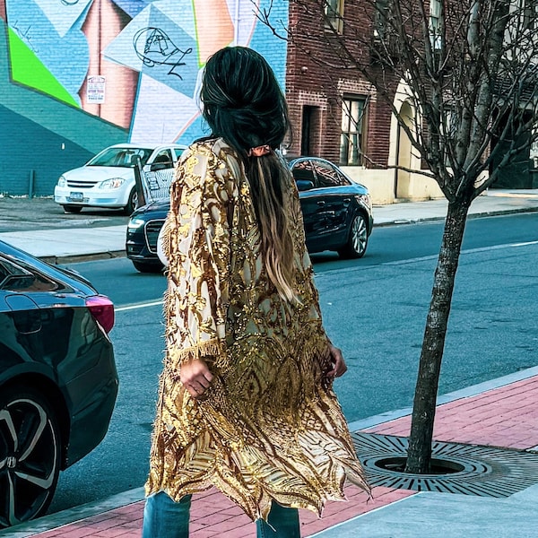 Golden Beauty Sequin Caftan Duster Gold Sequin Bohemian Glam Kimono Jacket