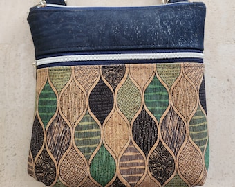 Bolso bandolera de corcho, bolso de corcho con ondas en azul verdoso y azul, bolso vegano, regalo para mamá, bolso de verano