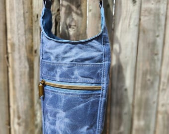 waxed canvas blue water bottle bag, wine bottle holder, h2otogo, tumbler holder, hands free, gift for friend